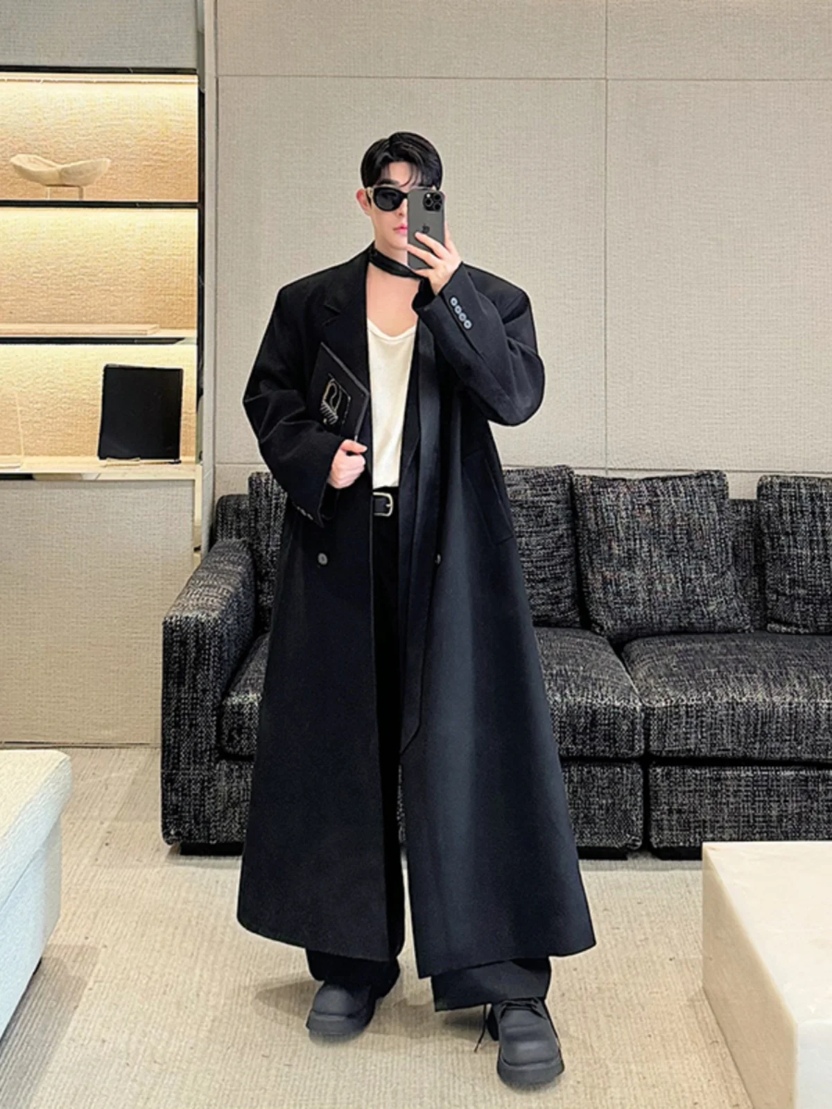 

Men's Long Overcoat Winter Faion Double Breasted Suit Sle High Slit Splicing Belted Large Coat Youth Trend Winter Outerwear