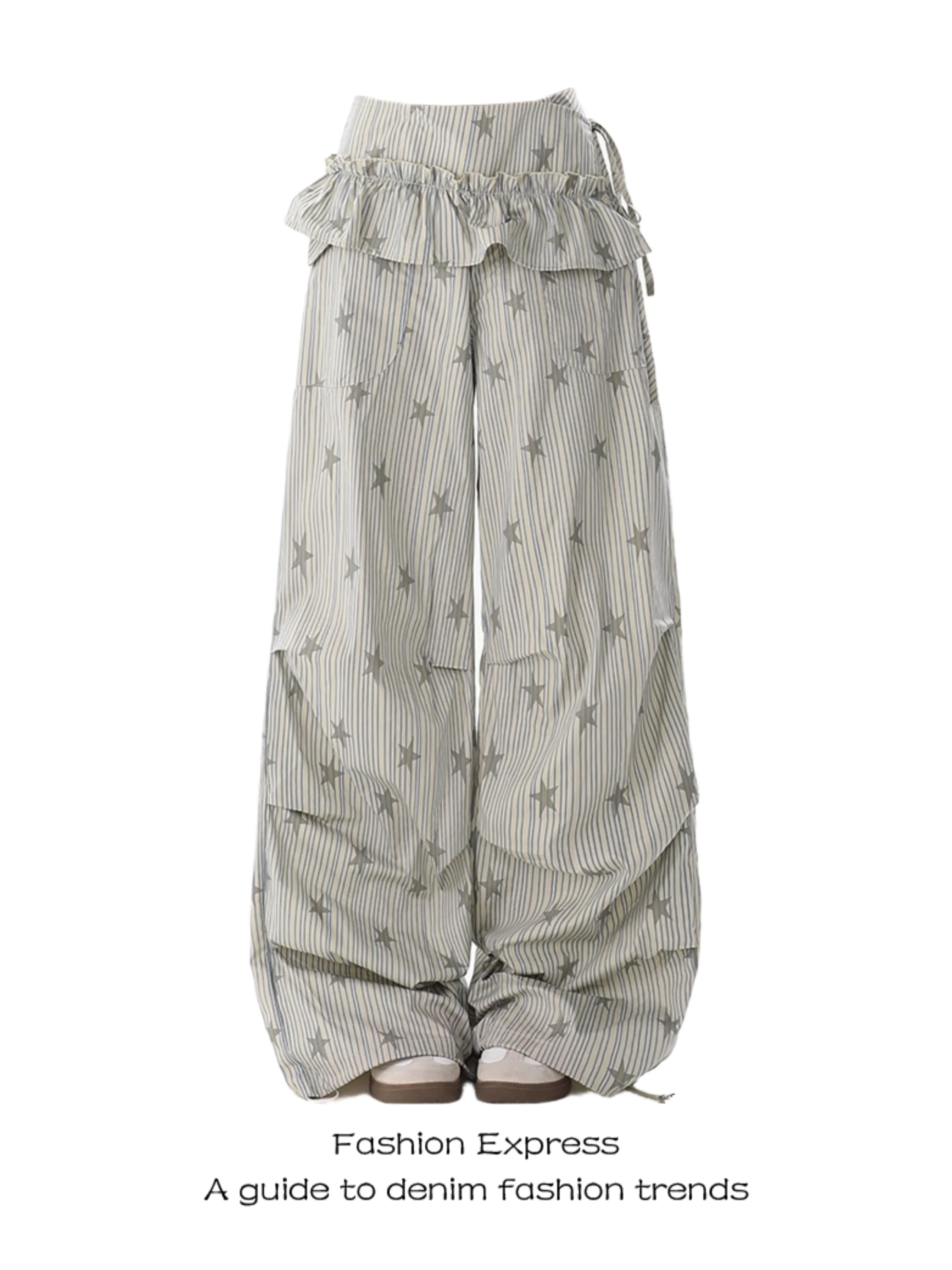 

American Sle Casual Wide Leg Pants Women's Workwear Trousers High Waist Straight Cut Star Print Striped Loose Fit Floor Length