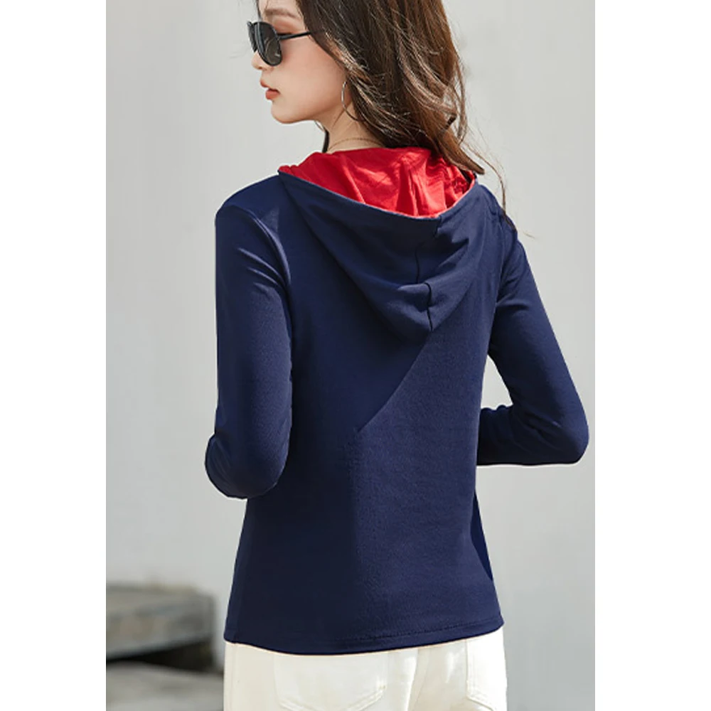 Wine red long sleeved T-shirt for women's spring and autumn new high-end cotton fashion plus size hooded slim fit casual top