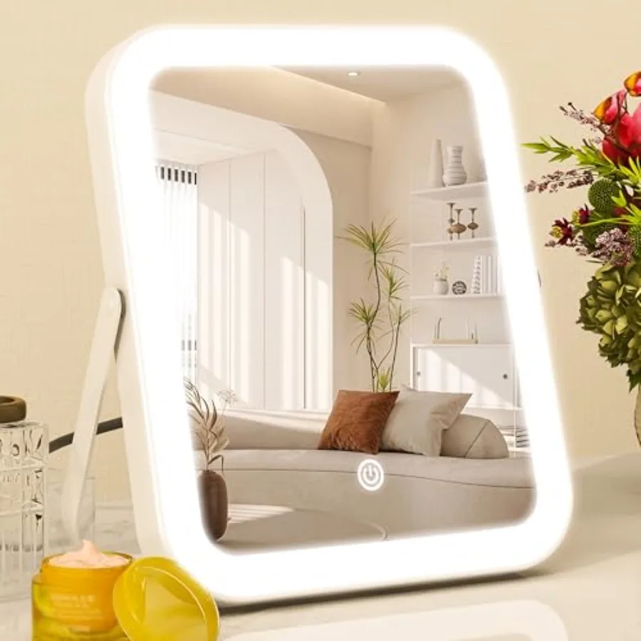 

8x10 Inch Lighted Vanity Mirror, 3-Color Dimmable LED Lighting and Touch Control, Portable Makeup Mirror with U-Bracket for Tra