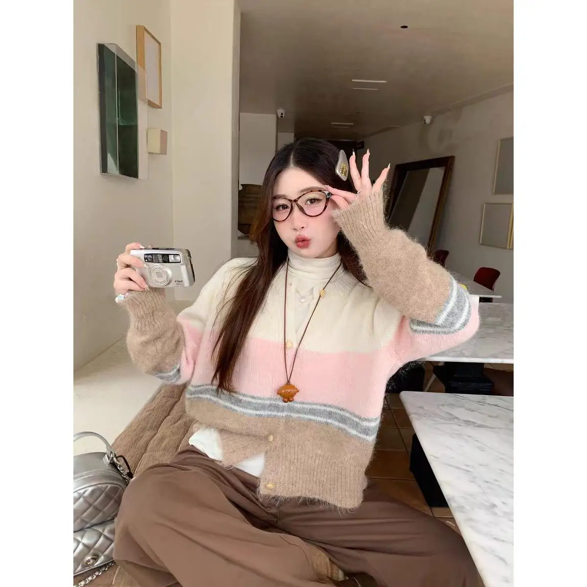 

Su San San Women's Knitted Sweater Cardigan Loose Fit Color Blo Versatile Early Autumn New Sle Polyester Fiber Top