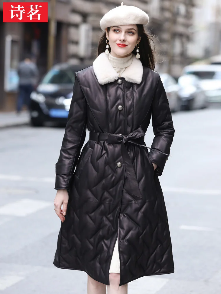 

2023 Winter French High End Genuine Leather Down Coat Women's Slim Fit Style Mid Length Mink Collar Sheepskin Coat