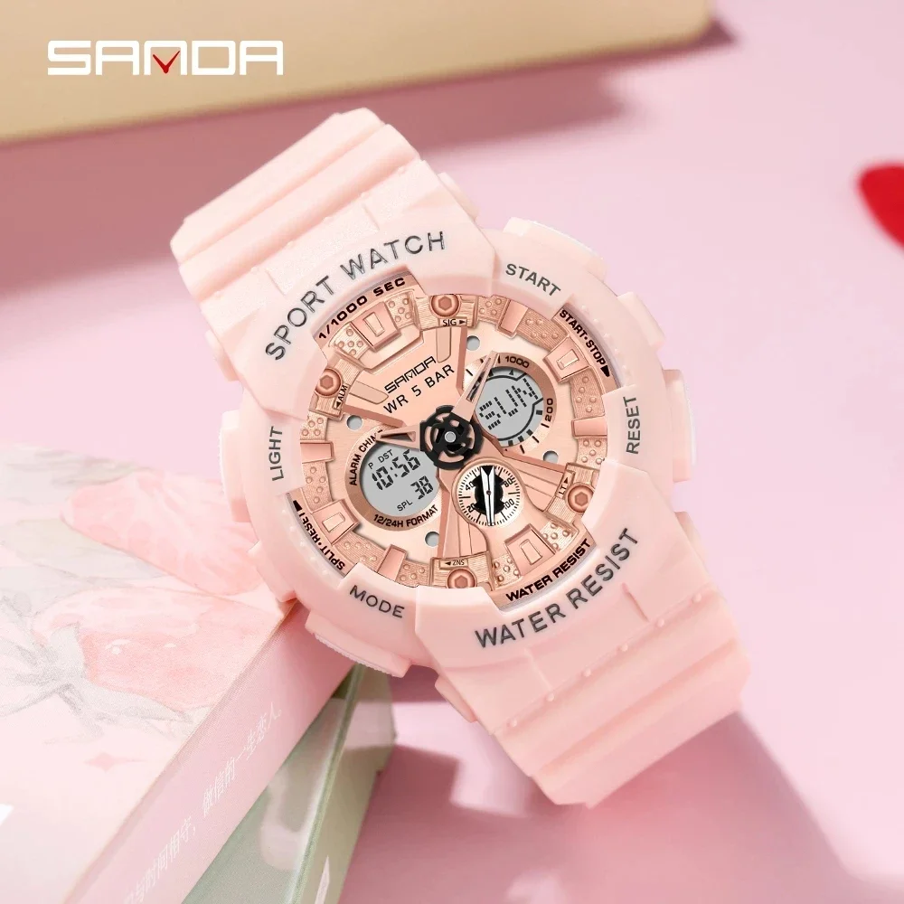 SANDA 6068 Women's Multi functional Waterproof Electronic Watch Student Sports Personality Trend Dual Watch Temperament Table