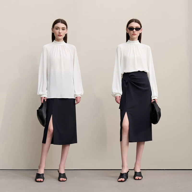 Amii Damen-Bluse, 2026, frühjahrsneu, elegant, für Pendler, halber Rollkragen, Chiffon-Hemd, Damen-Raglanärmel, solides, lockeres Oberteil 12641072