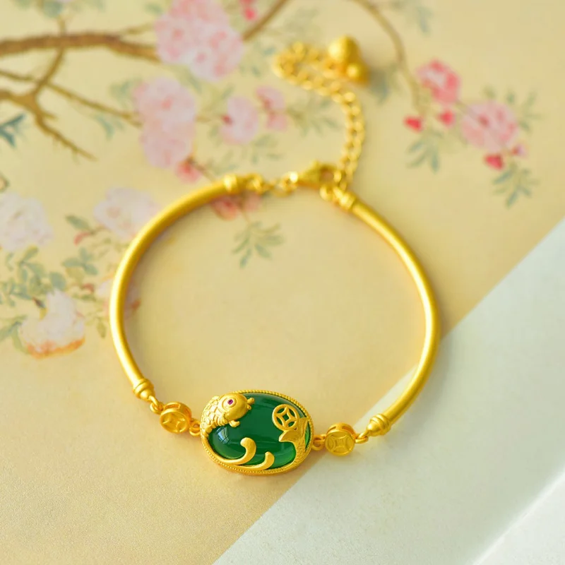 

Браслет из серебра 925 пробы с позолотой, винтажный, с нефритом, ледяным зеленым халцедоном и агатом, для женщин, с сертификатом