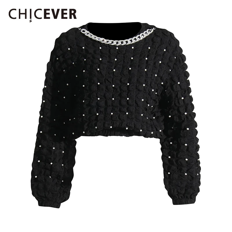 

CHICEVER Patchwork Chain Sweatshirts For Women Round Neck Long Sleeve Knitting Loose Fashion Sweatshirt Female Autumn Clothes