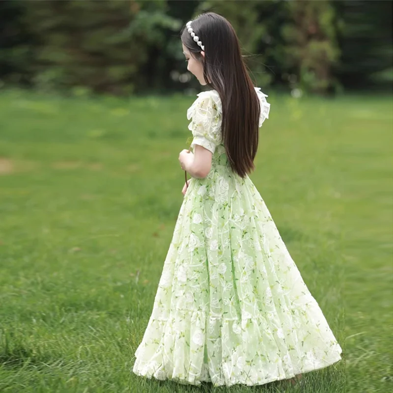 Girls Summer Dresses New Children\'s Princess Gown Big Kids Short-sleeved Dress Teen Girls Peter Pan Collar Clothing 4-12Y