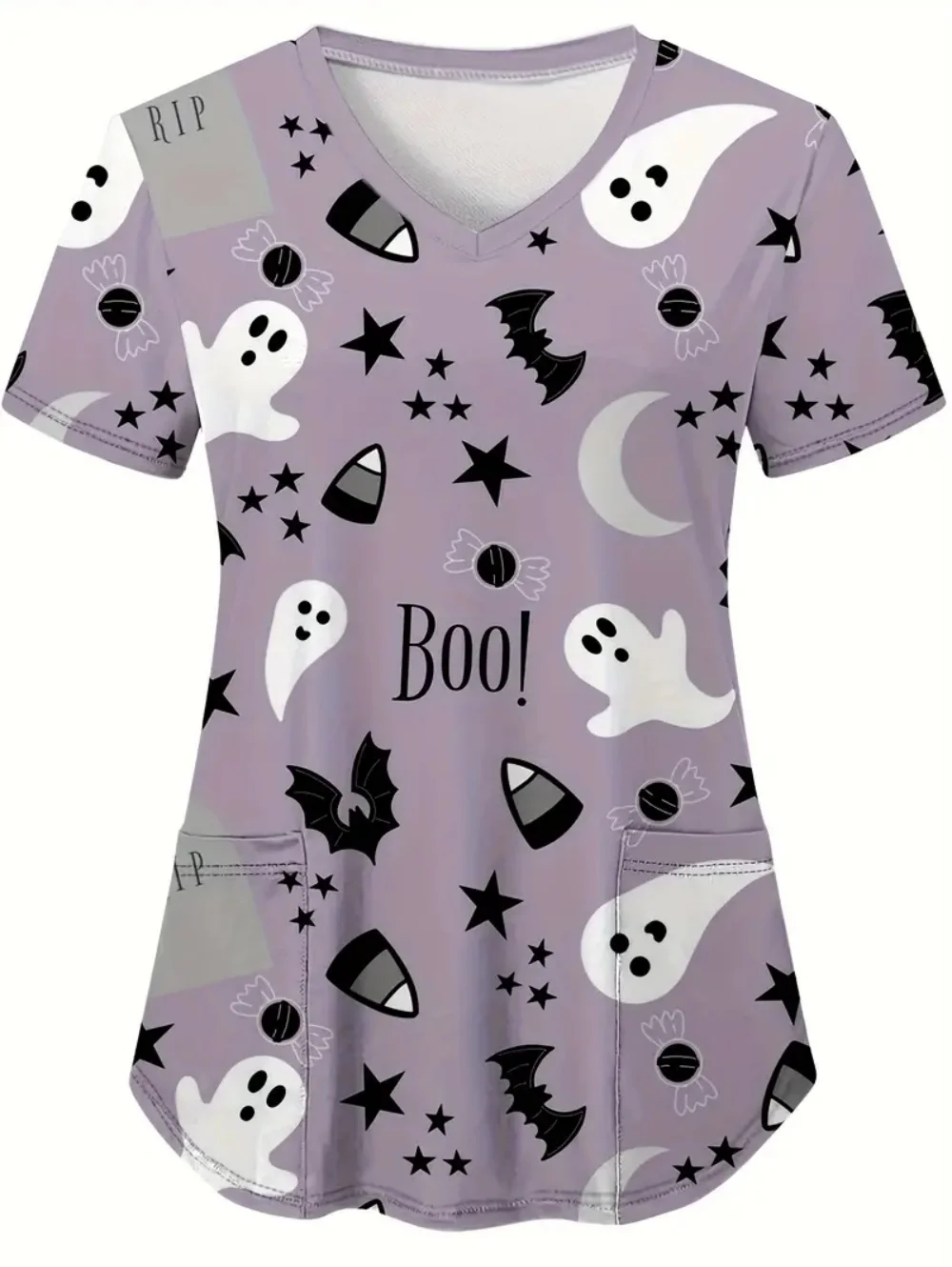 ฮาโลวีนขัดชุดน่ารัก Ghost พิมพ์ Healthcare พยาบาลแฟชั่นแขนสั้นพร้อมกระเป๋าเสื้อฤดูร้อน V คอเครื่องแบบทางการแพทย์