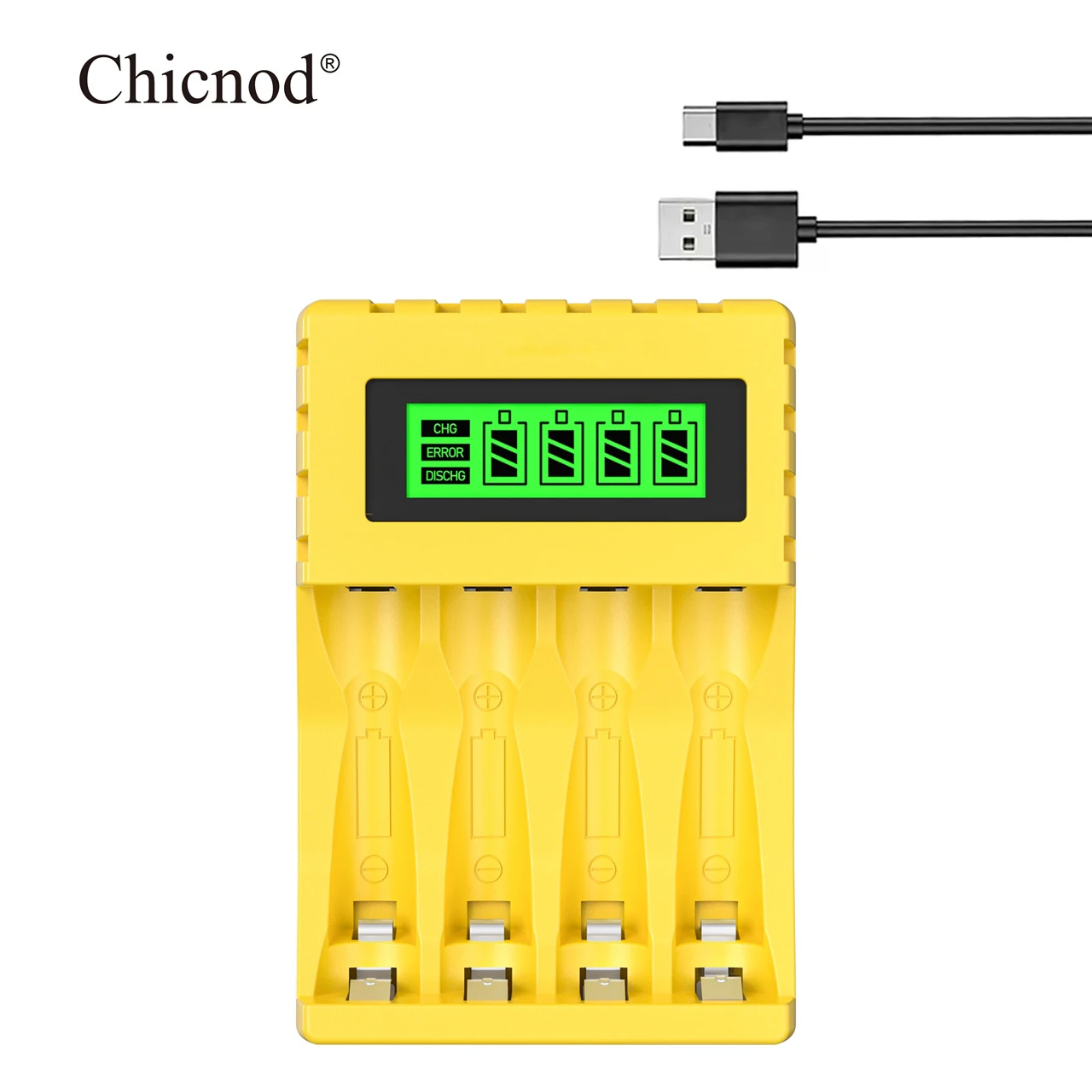 Chicnod LCD005 AA AAA Battery Charger Ni-MH Ni-Cd 4 Slot LCD Display USB Type-C Smart Charger for Rechargeable Batteries