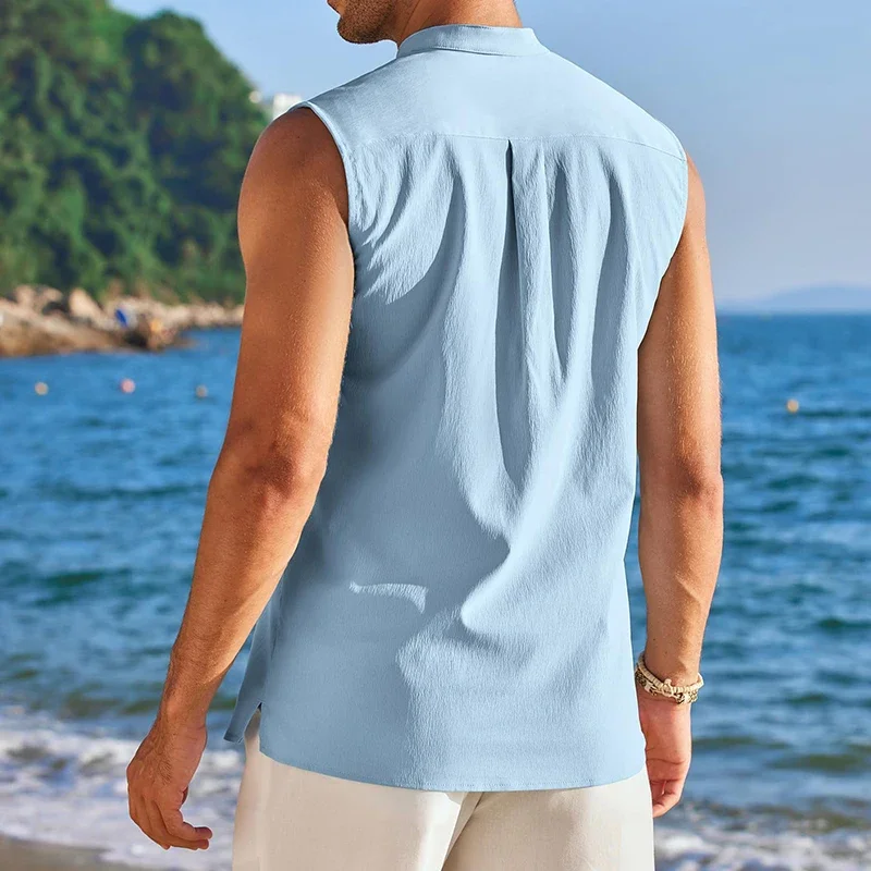 Men's Casual Hippie Style Collarless Henley Neck Tank Tops Streetwear Solid Color Loose Fit Tees Summer Clothing New T-shirt