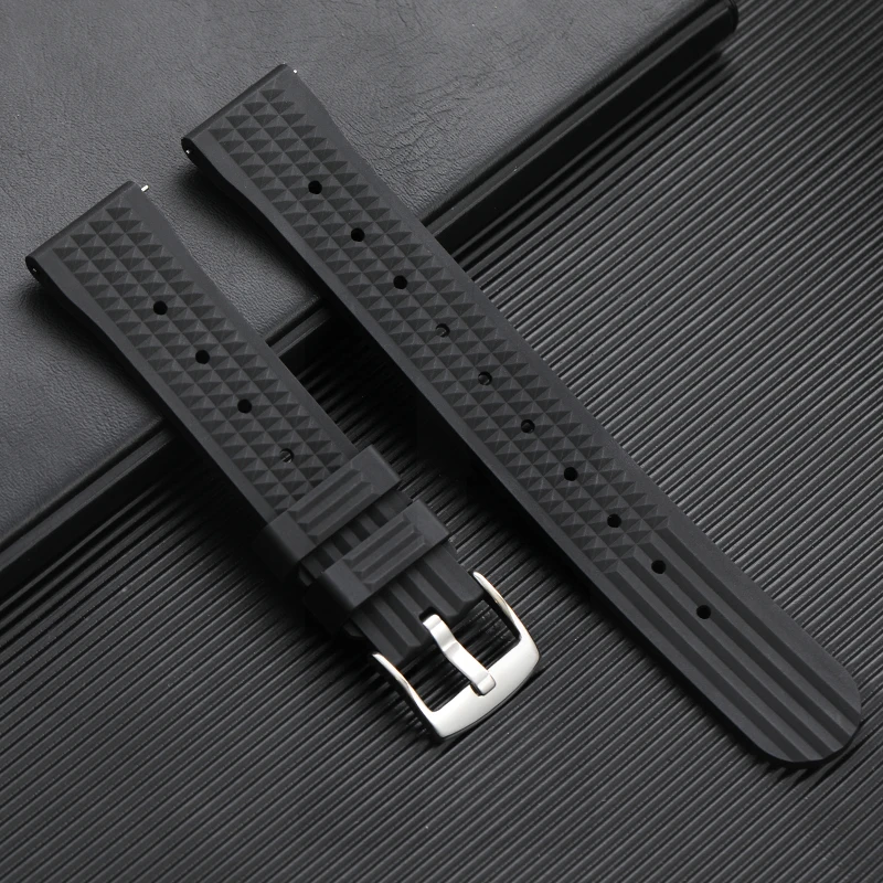 20mm/22mm Rubber Waterproof Waffle Watch Bracelet Black Diving Sport WristWatches Watch Strap Soft Silicone Watchband Replacment