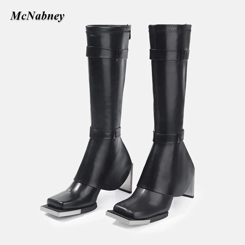 Donna Lotus Leaf Tube Sliver Strange Heel Boots Metal Square Toe Knee High Boot Zipper Leather Punk autunno inverno scarpe da donna