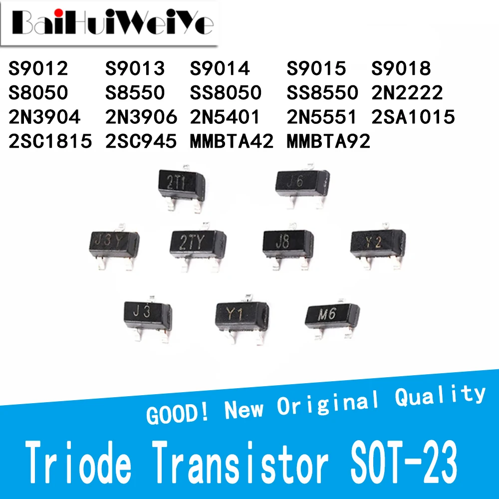 100PCS S9012 S9013 S9014 S9015 S9018 S8050 S8550 2N2222 2N3904 2N3906 2N5401 2N5551 2SA1015 2SC1815 2SC945 MMBTA42 MMBTA92 SOT23