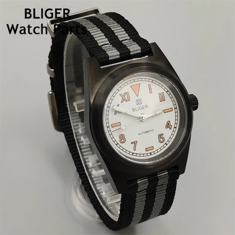 

BLIGER 38mm luminous watch NH35 Movement Watch Black White Dial Automatic Men's Watch nylon strap