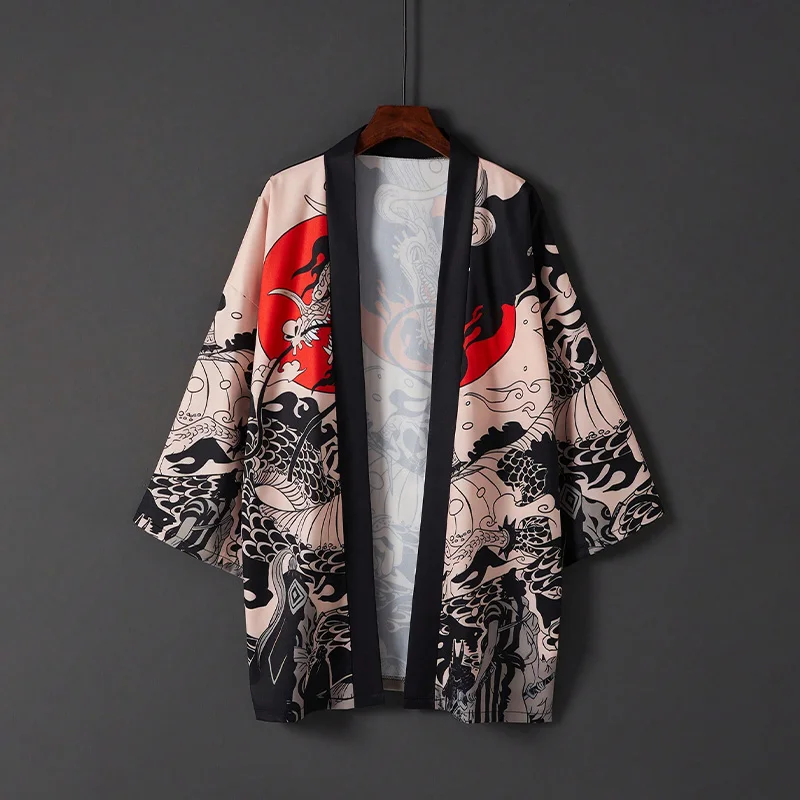 Chinese-Style Retro Loose-Fitting Three-Quarter Sleeve Dragon Robe Kimono Cardigan Haori Jacket Summer Niche Design Street Style Personalized Pattern Beach Vacation Cover-Up Sun Protection Clothing