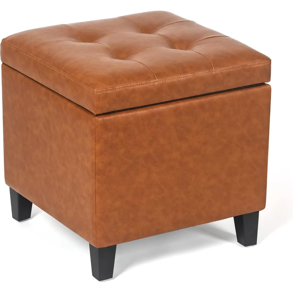 Leather Storage Ottoman with Hinged Lid, Square Foot Rest Stool Tufted Cube Footstool, Cognac Brown