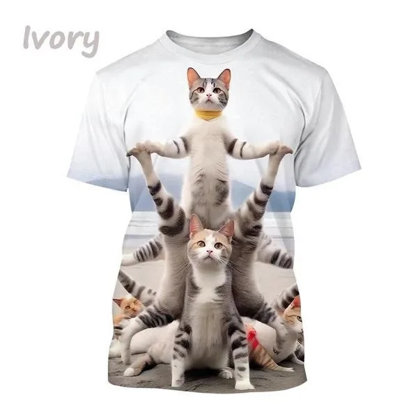 Novel Kawaii Cute Beach Cat Series T-shirt 3D Printed Men/Women Trend Funny Short sleeve Top Unisex Kid Tee Oversized Streetwear