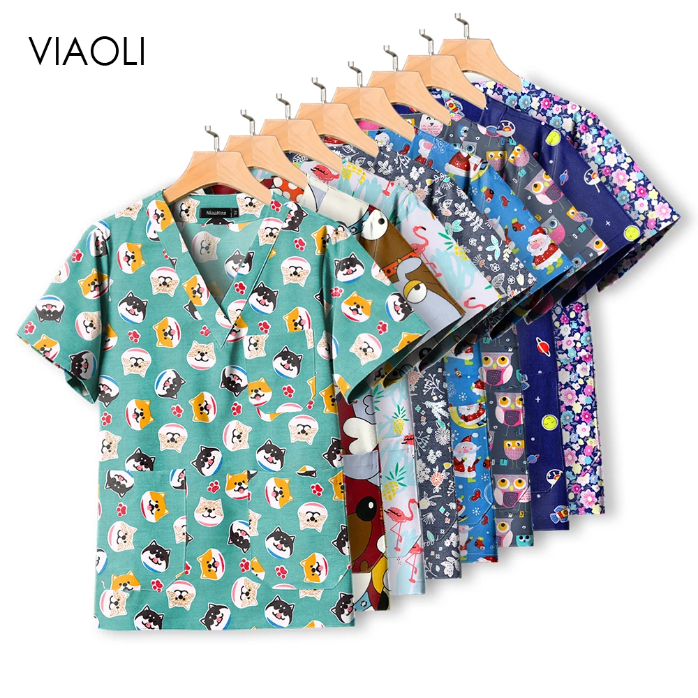 

Unisex Veterinary Dental Work Uniforms Cartoon Printed Cotton Short Sleeved Shirt Nursing Beauty Salon Clothing Women Mens Scrub