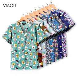 Unisex Veterinária Algodão Trabalho Uniformes, Desenhos Animados Impresso, Camisa Manga Curta, Enfermagem Beleza Salão Vestuário, Mulheres e Homens Scrub