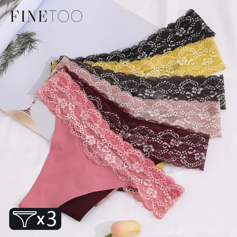 FINETOO 3Pcs кружева цветочные нижнее белье женские стринги сексуальные бесшовные низкой талией трусики женские дышащие стрейч G-стринги нижнее белье