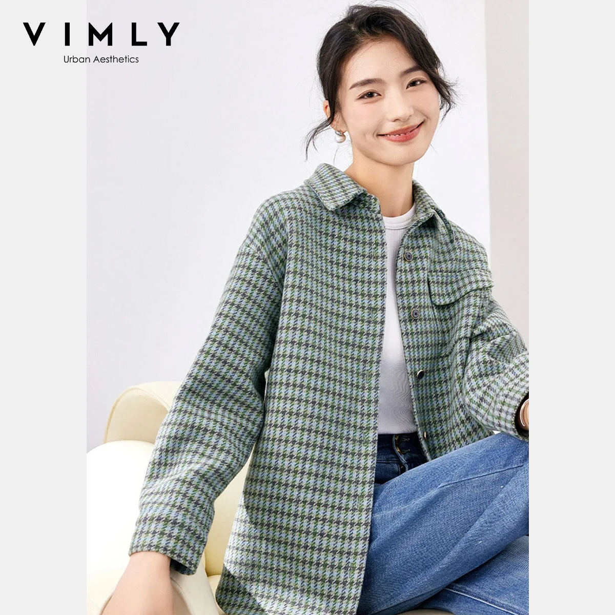 

Vimly Tweed Jacket for Women 2025 Autumn Turn-Down Collar Single Breasted Long Sleeves Coats Office Casual Chic Outerwear M2933