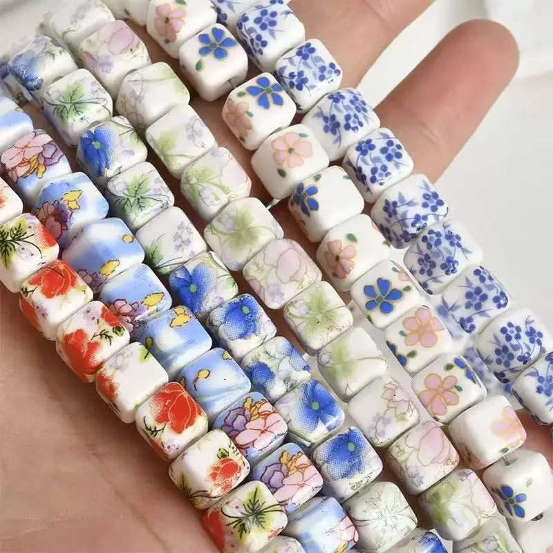20PCS 8mm Printed Flower Square Ceramic Loose Beads for Handmade Earrings, Keychain, Phone Lanyard Craft Accessories
