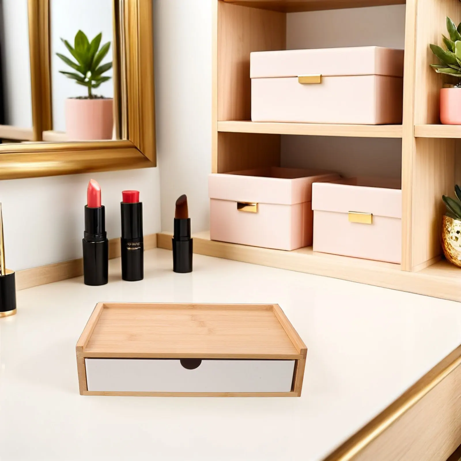 Desk Organizer Bamboo Desktop Storage Box Small Drawers Office Supplies School Stationery Tabletop Document Organizer Cabinet