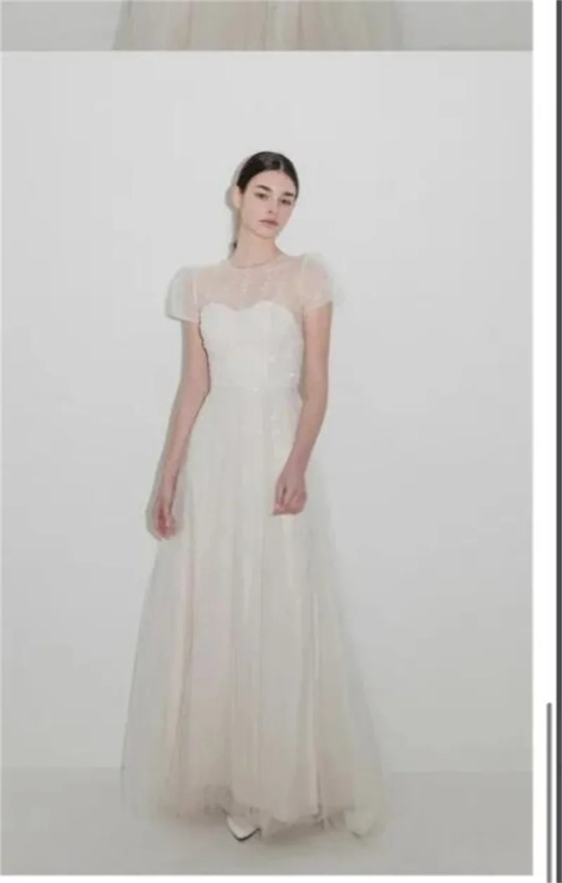 OLOEY Sparkly Glitter A Line Wedding Dresses Korea Photoshoot Shiny Tulle O-Neck Short Sleeves Keyhole Back Bride Dress