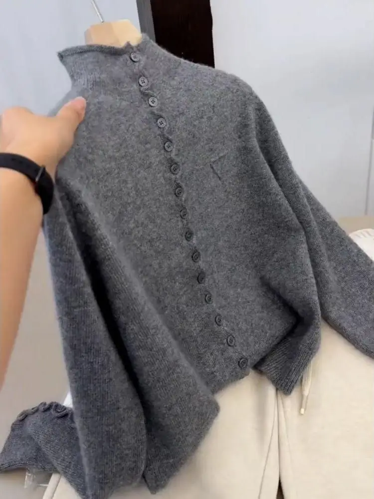 

Свободный вязаный свитер с деревянным воротником-стойкой и рюшами, осень-зима, новый утягивающий базовый слой для женщин