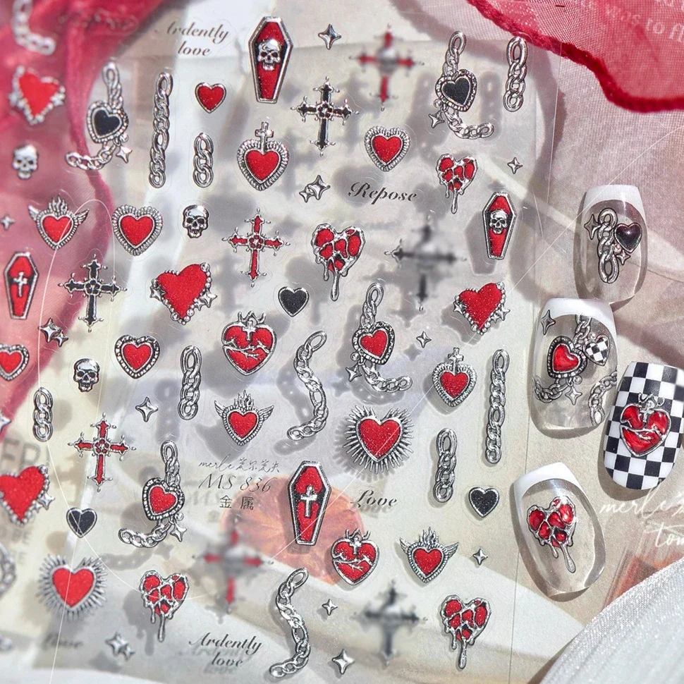 Punk zilveren lava ketting doodskist lint strik geometrische figuur liefde hart skelet slot ster maan nail art sticker manicure sticker