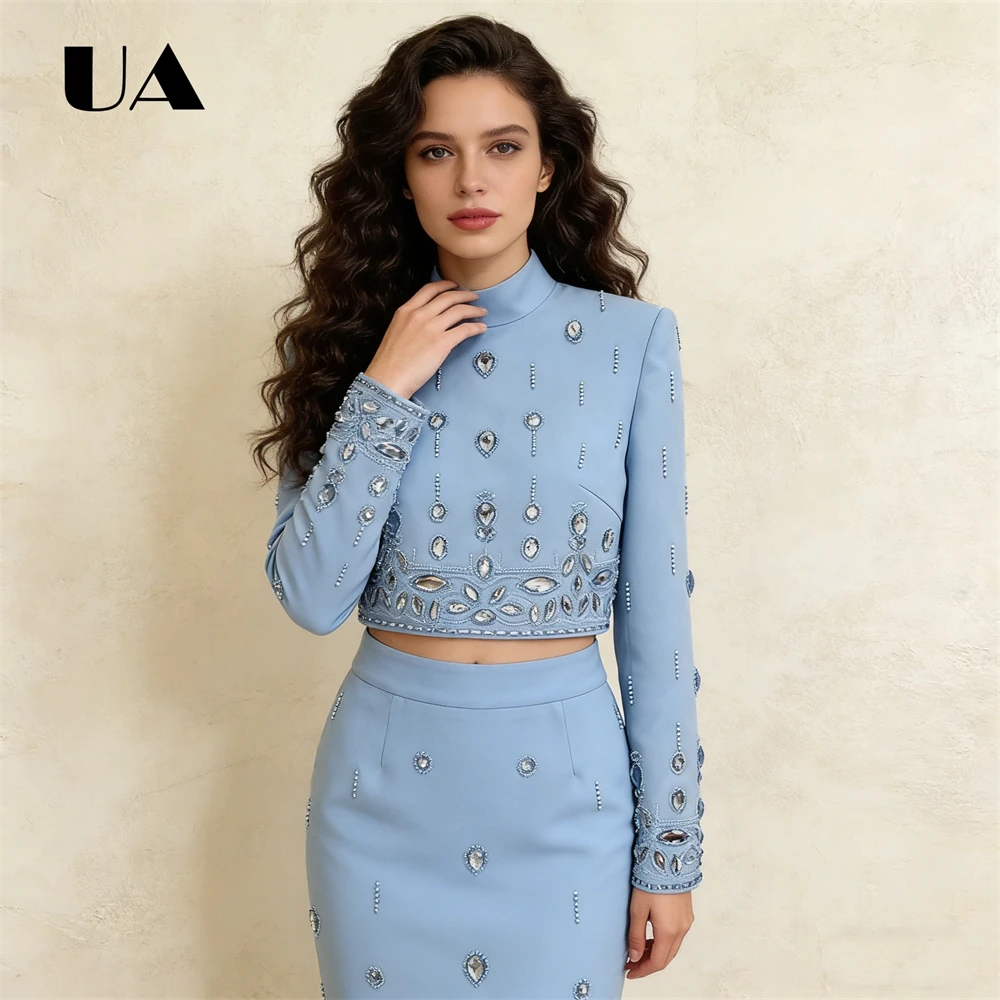 Women 2-Piece Set Long-Sleeve Cropped Top & Pencil Skirt with Crystal Embellishments – Structured Fabric, High Neck