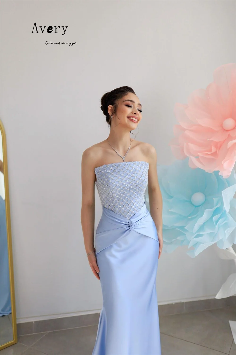 Avery personalizado fishtail céu azul sem alças tubo superior elegante vestidos de festa 2025 longo elegante mulher vestido de festa vestido de baile