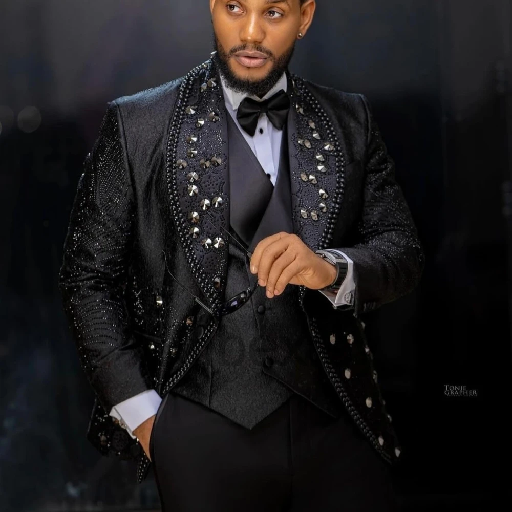 Olibexley Black Diamond Beaded Men Suits 3 Pieces Sets Groom Wedding Tuxedos Male Prom Blazers Ropa Hombre Customized S366