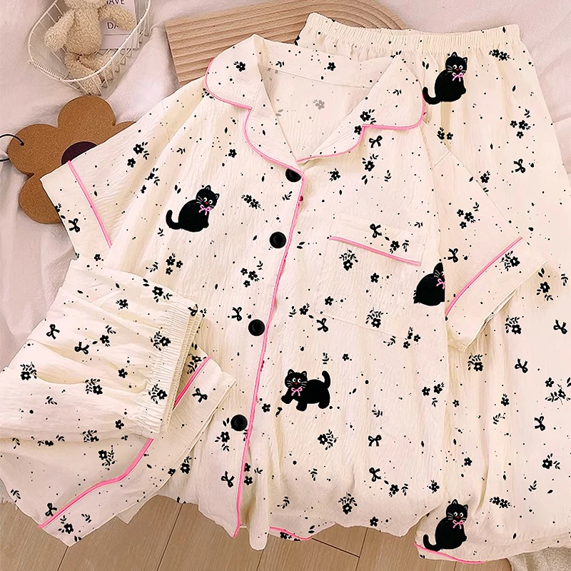 

Sweet Cool Cat Flower Bow Tie Print Women's Pajamas Cartoon Sweet Cute 3 PC Pajamas Set Summer New 2025 Fashion Loungewear Women