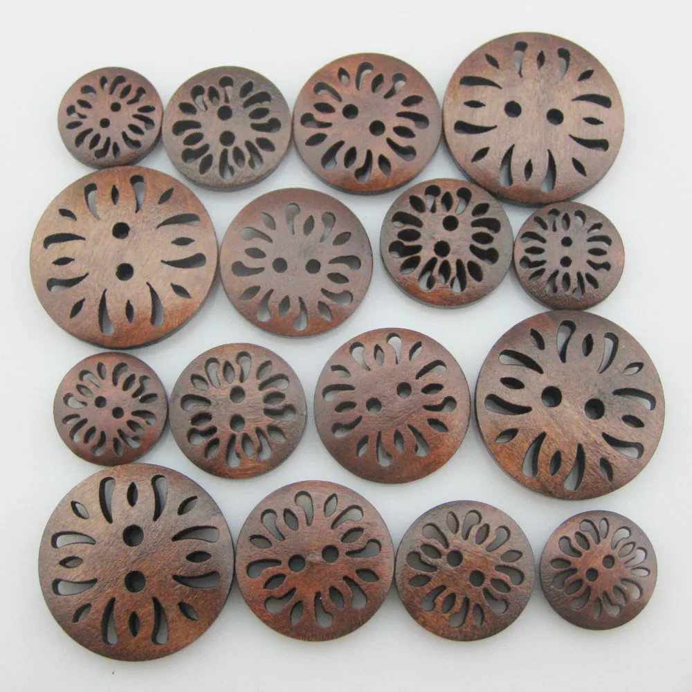 WBNVAS 30Pcs/Pack Hollow Flower Brown Wood Buttons For Garment 15MM/18MM/20MM/25MM DIY Sewing Accessories