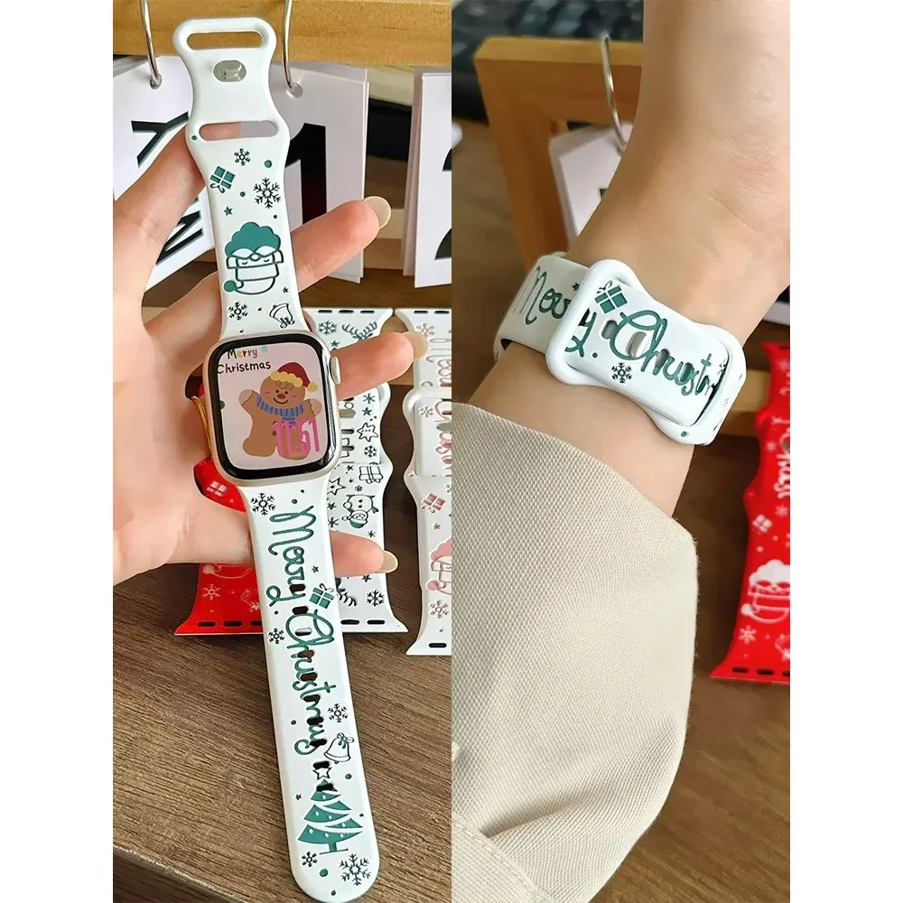 Holiday Carved Print Silicone Band For Apple Watch Series 11 10 9 8 7 6 5 SE Ultra Fits 49-38mm Double Ring Buckle Women