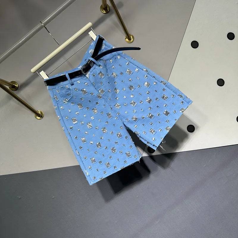 Brilhante tecido rasgado perna reta perna larga calças de comprimento médio feminino primavera verão versátil solto ajuste cinco quartos jeans