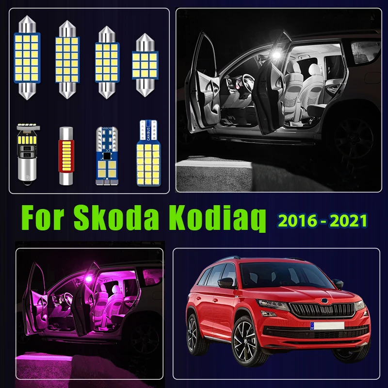 

Для Skoda Kodiaq 2016-2021: Комплект из 11 светодиодных ламп для салона автомобиля (подсветка перчаточного ящика, зеркала, багажника)