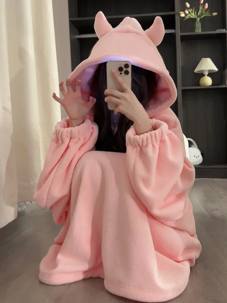 Kawaii Robes Women Winter Coral Velvet Pure Loose Hooded Design Chic Thicken Comfortable Students Ins Stylish New Sweet Popular