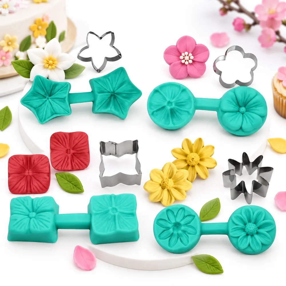Stainless Steel Flower Petal Veiner Silicone Pentagonal Flower Plum Blossom Fondant Cake Mold Square Flower Daisy Easy Use