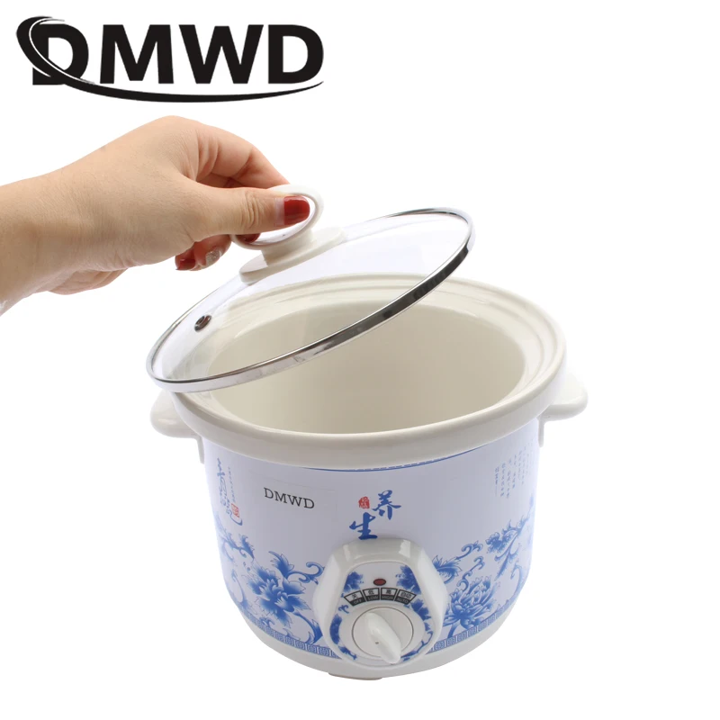 DMWD electric 140w Slow Cookers mini mechanical timer control stew foods Ceramic liner Blue and white porcelain color 1.5L