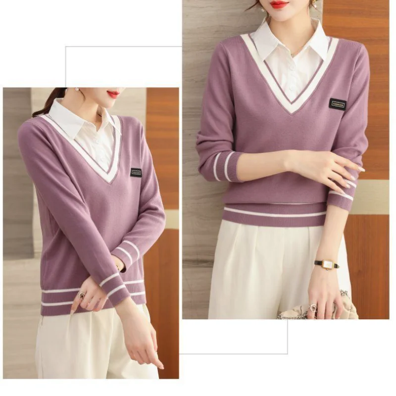 Maglione da donna con risvolto a maniche lunghe lavorato a maglia in due pezzi falso autunno nuovo stile camicia con colletto della camicia