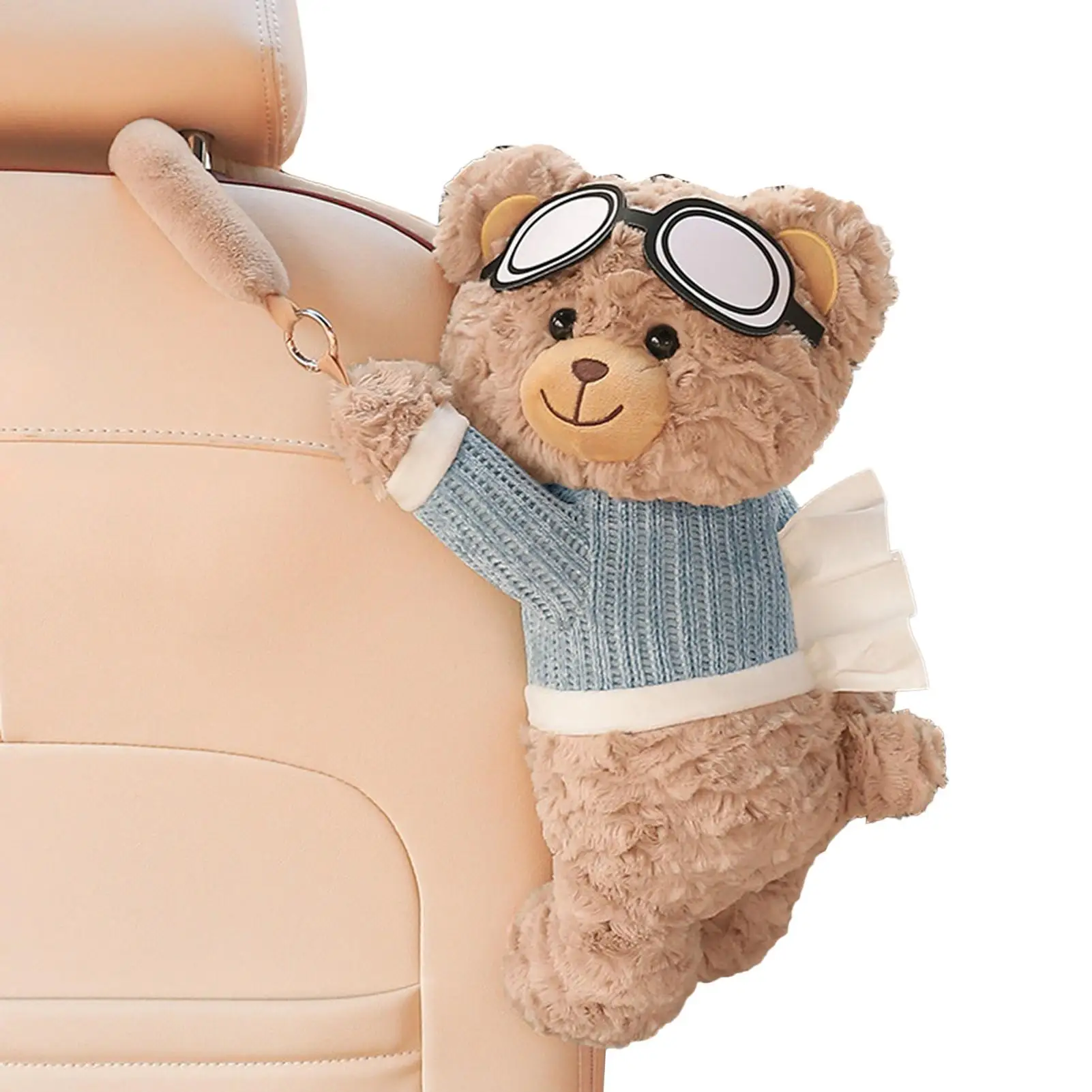 Car Tissue Box Holder Soft Cute Bear Napkin Organizer Auto Plush Napkin Holder for Seat Back Headrest SUVs MPVs Trucks