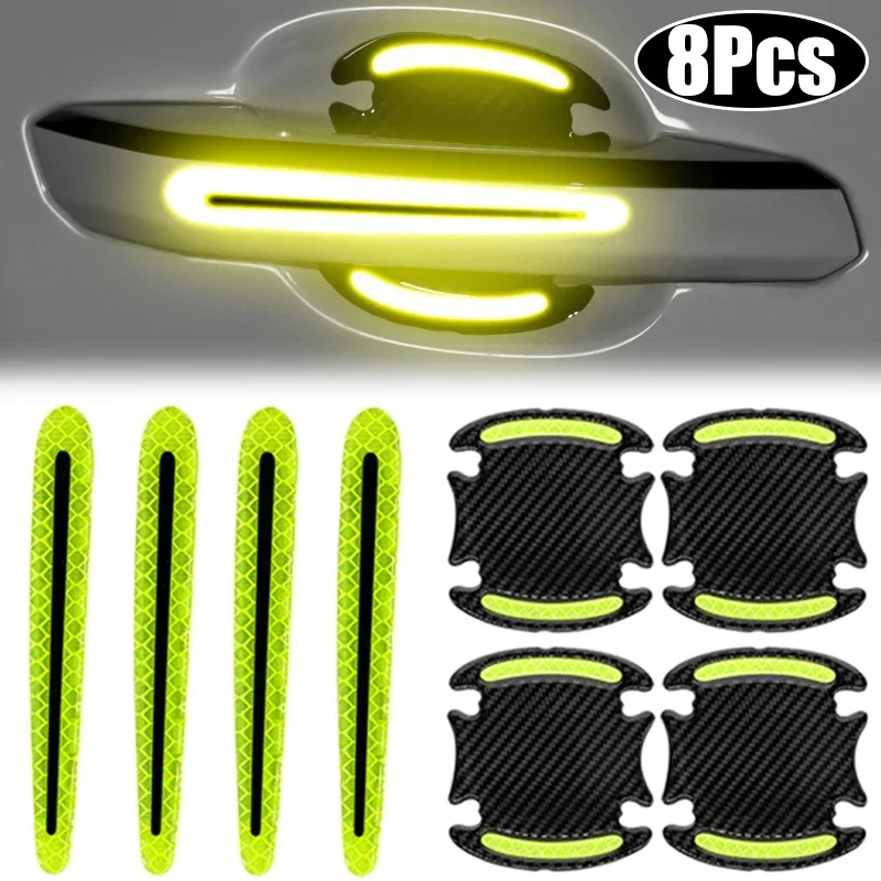 Car Door Handle Scratches Protection Sticker 8Pcs 3D Carbon Fiber Reflective Night Safety Driving Reflective Films Car Decals