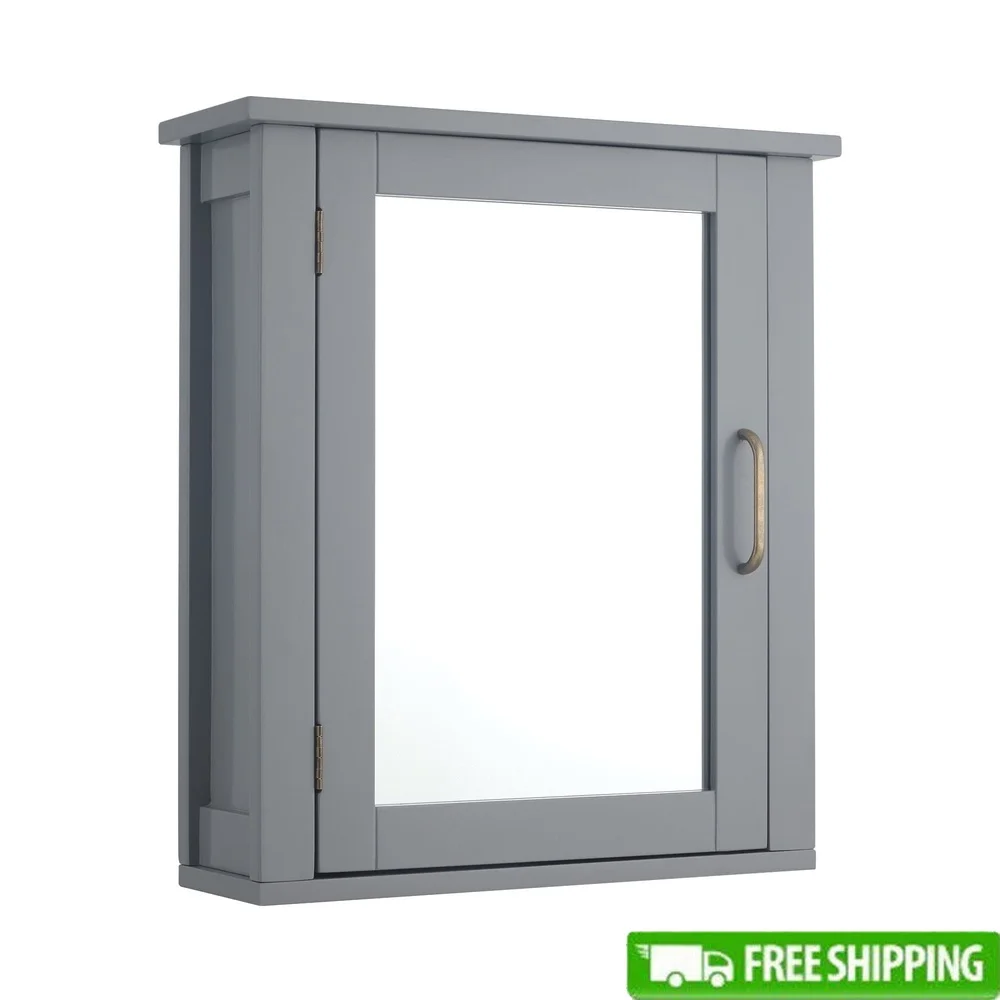 

Mid Century Modern Wooden Wall-Mount Medicine Cabinet with Adjustable Shelf Mirrored Door Gray Finish Bathroom Storage