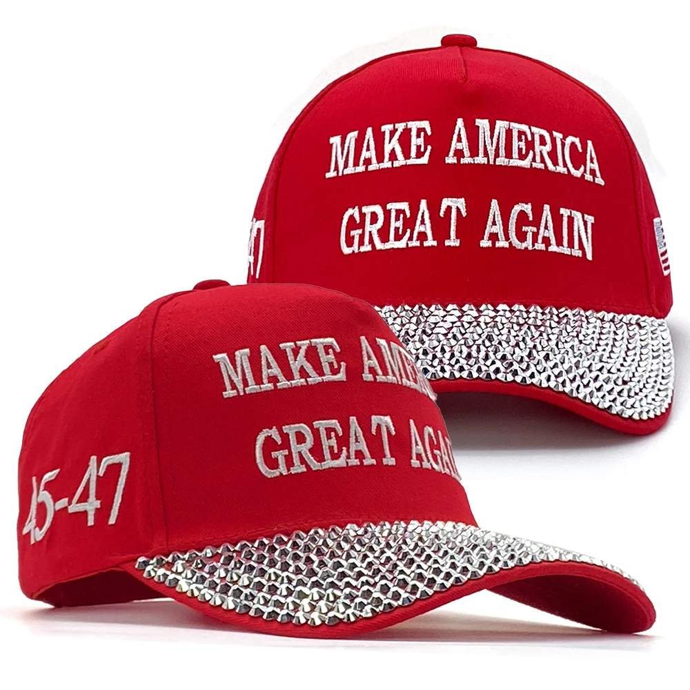 Make America Great Again Bling Rhinestone Baseball Cap 45 47 Design with USA Flag MAGA Donald Trump Red Black Adjustable Hat