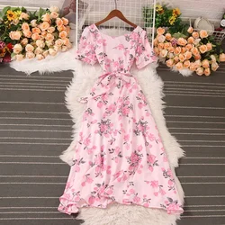 2026 New Summer Sweet Style Bandage Patchwork V-neck Contrast Color Print Short-sleeve High Waist Women's Dress Dresses