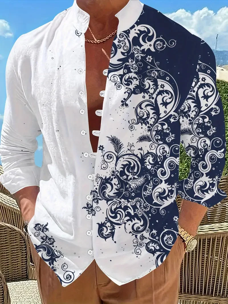 

Henry Men's Shirt Ethnic Style 3D Printed Top Men's Casual Fashion Vintage Long Sleeve Shirt Men's Costume