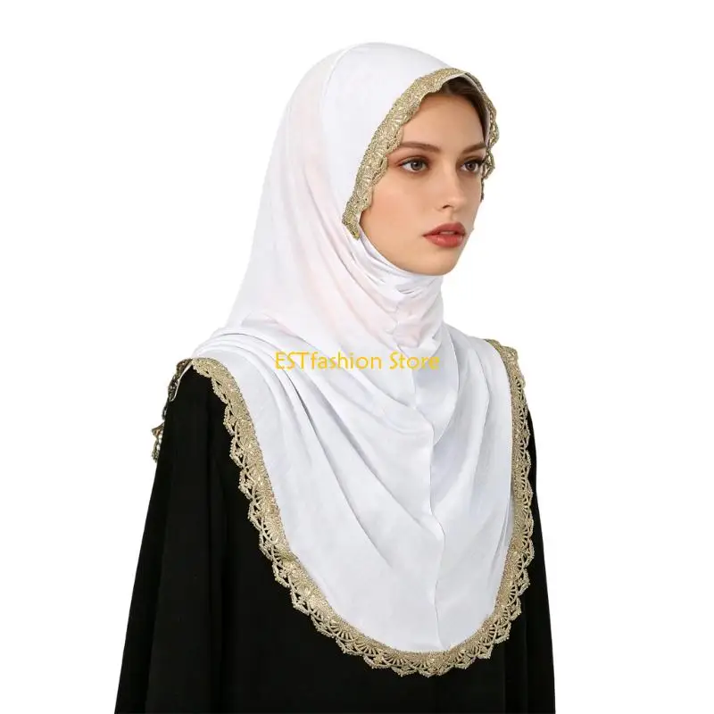Y5GC Traditional Golden Embroidered Head Wrap Scarf for Women Most Occasion