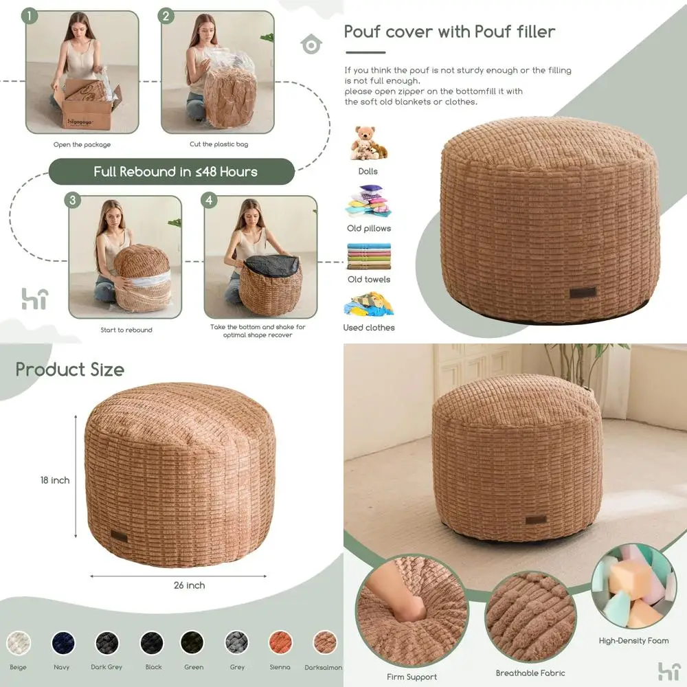 

Modern Round Ottoman with Foam Filling, 26x18 Inches, Brown Boho Style Footrest for Living Room & Parties